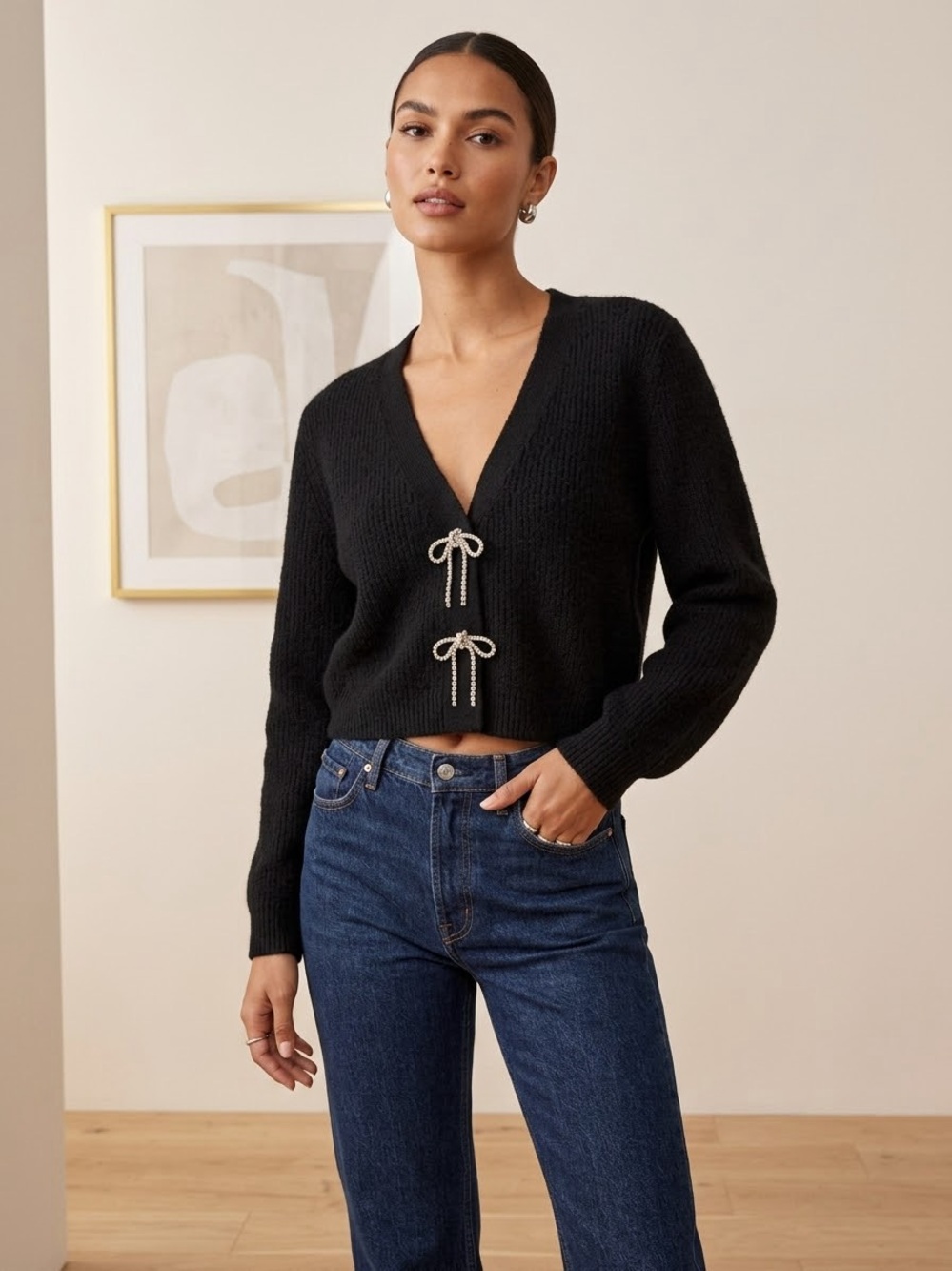 H&M Black V-Neck Cropped Cardigan with Glittery Silver Ribbon - Size M